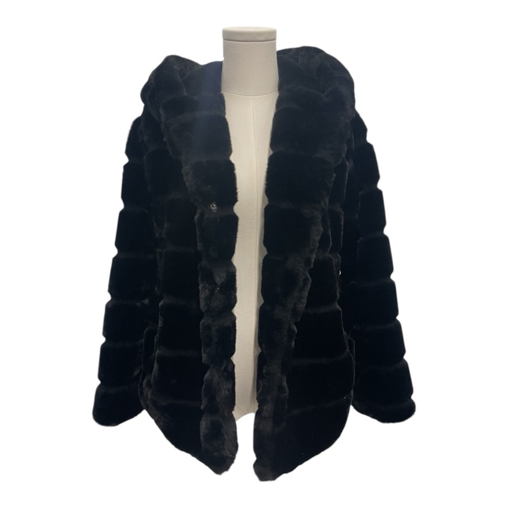 Women’s APPARIS Goldie Black Faux Fur Hooded Short Coat XS Chic Grunge Cozy - Picture 13 of 16